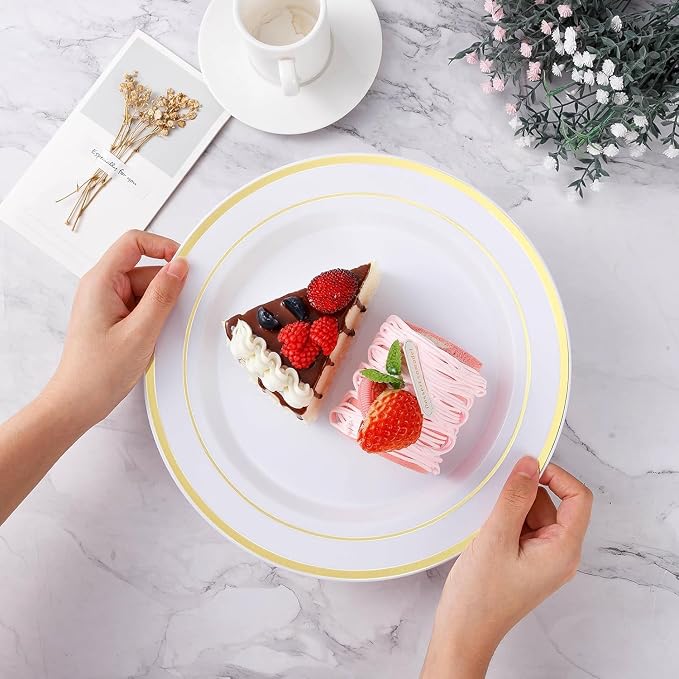 BESTVIP 200PCS Gold Plastic Plates, 10.25 Inch Disposable Dinner Plate Party with Gold Rim for Christmas, Thanksgiving, Heavy Duty Disposable Plastic Plates for Party, Wedding and Birthday, Events