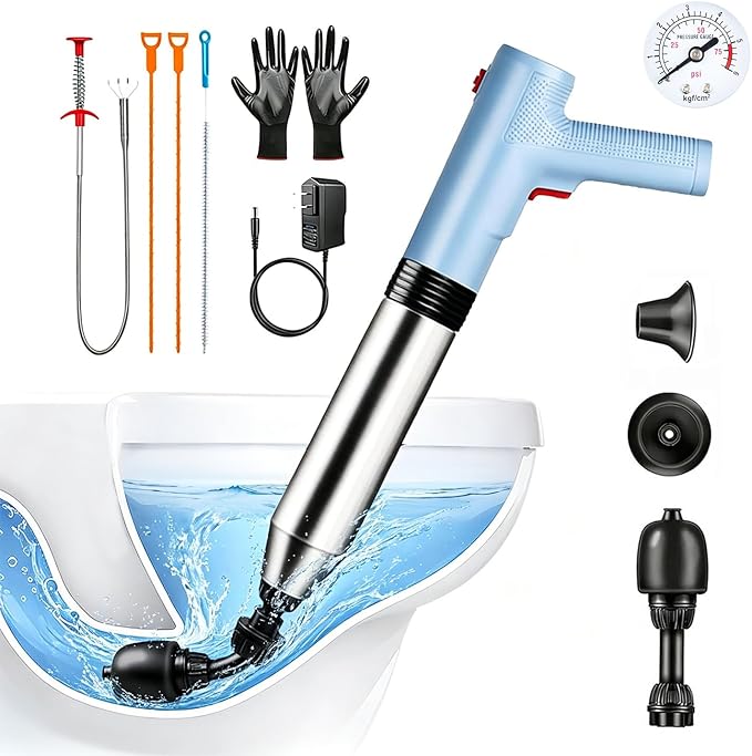 Electric Toilet Plunger, Blue One-Touch High Pressure Air Drain Blaster with Real-Time Barometer & Multi-Accessory Kit, Heavy Duty Automatic Drain Unclogger for Toilets, Sinks, Tubs, Pipes