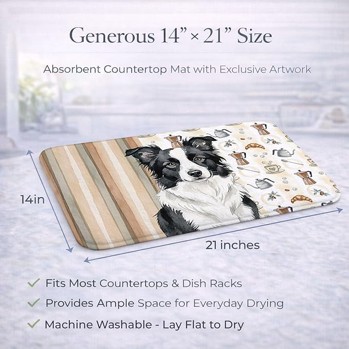 Caroline's Treasures Border Collie Coffee Bar Dish Drying Mat Absorbent Dish Drying Mat Pad for Kitchen Counter Dish Drainer Mat for Countertop, 14 x 21", Multicolor