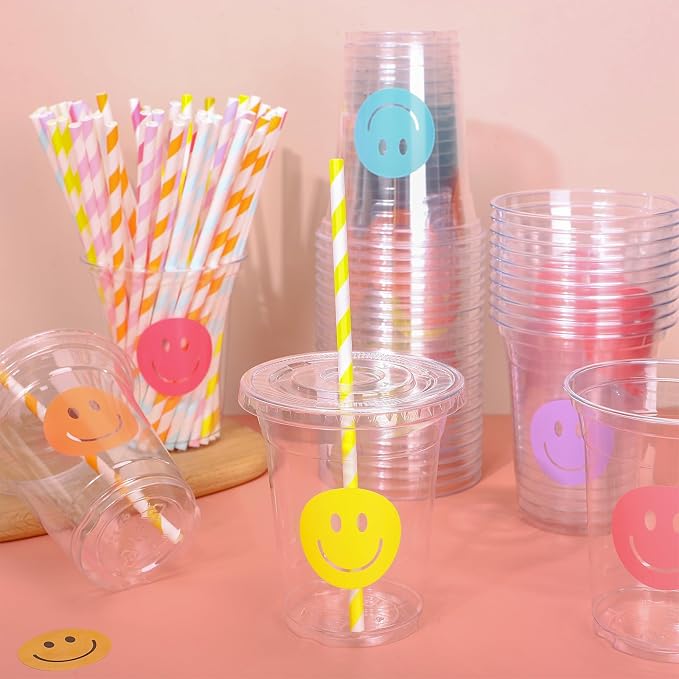 Whaline 60 Pcs Smile Face Disposable Plastic Cups with Lids and Straws 12 oz Pastel Preppy Smile Pattern Cold Beverage Drinking Cup for First Birthday Baby Shower Wedding