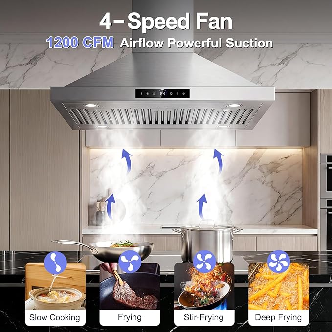36 inch Island Range Hood Ceiling Mount 1200 CFM with 4-Speed Gesture Sensing & Touch Control, Ducted/Ductless Stainless Steel Kitchen Stove Vent Hoods with 4 LED Lights, Timer,Dishwasher-Safe Filters