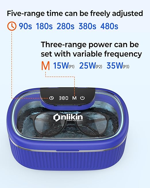 45KHz Ultrasonic Jewelry Cleaner, 5 Timer & 3 Power Modes, 35W Retainer Cleaner for Jewelry, Eyeglasses, Rings, Watch Strap, Dentures - Quiet <38dB, 20oz, 304 Stainless Steel (Sapphire blue)