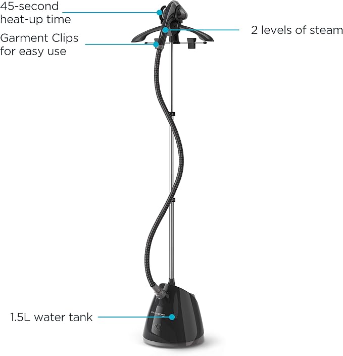 Rowenta, Steamer for Clothes, Pro Style Full Size Steamer with 45 second heat-up & Removable 50 oz Water Tank, 1500 Watts, Included Clips to Hang Clothes, Ironing, Black Clothes Steamer, IS2461