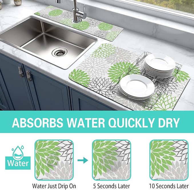 Dish Drying Mat for Kitchen Counter Matt, 2PCS 23"x15" Dish Drainer Mat & 24"x5.5" Sink Splash Guard, Super Absorbent Non-slip Rubber Backed