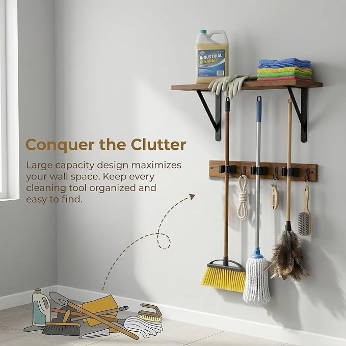 Wooden Broom Holder Wall Mount with Hooks and Shelf Mop Hangers Storage Rack with Cleaning Supplies Organizer Farmhouse Garage Laundry Room Wood Shelf (Brown, 1)