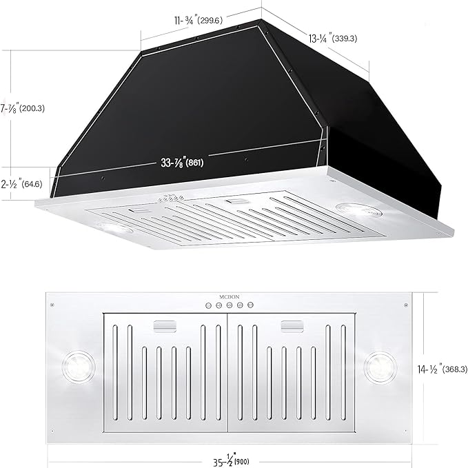 MCBON Range Hood Insert 36 Inch, 700 CFM Range Hood Insert, Ducted/Ductless Insert Range Hood, 3-Speed Vent Hood Insert, Stainless Steel Hood Range Insert, Built In Range Hood 36 Inch, Black,TE77-36
