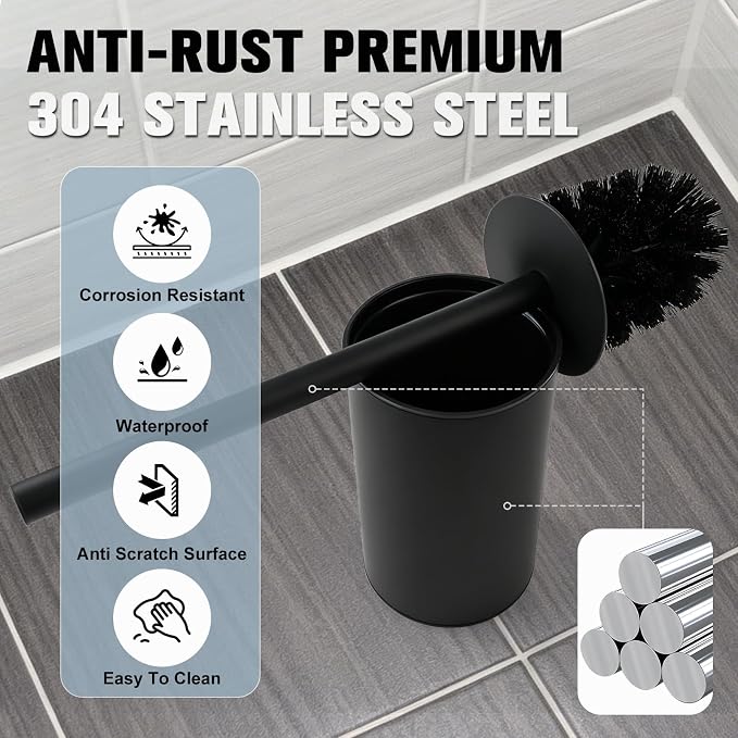 Stainless Steel Toilet Brush,Stainless Steel Toilet Bowl Brush and Holder for Bathroom,Toilet Brush and Holder with Replacement Head,Matte Black Toilet Brush with Long Handle,Sturdy and Space Saving