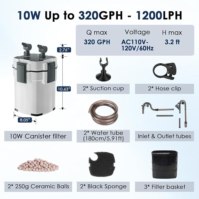 fishkeeper Canister Filters for Aquarium, 320GPH/1200LPH Ultra-Quiet External Fish Tank Filters for Freshwater & Saltwater Aquariums up to 65Gal, 3-Stage Filtration with Quartz Balls and Filter Cotton
