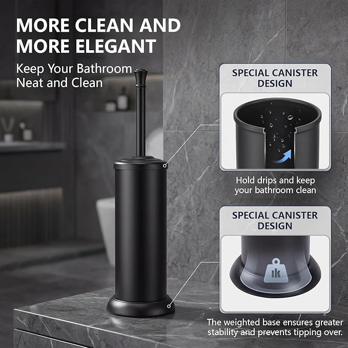 Toilet Brush and Holder Set,304 Stainless Steel Heavy Duty Toilet Brush,Extra Long Handle Toilet Bowl Brush and Holder for Bathroom,Durable,Deep Cleaning,Extra Dense Bristles (Black)