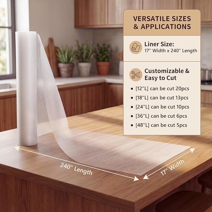 PABUSIOR Cabinet Drawer Liners for Shelves: 100% EVA Non Slip Clear Kitchen Cupboard Mats 17" x 240" - Multiple Wide Non-Adhesive Waterproof Refrigerator Shelf Liner for Pantry Shelves Bathroom