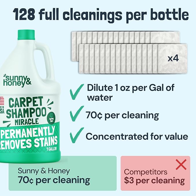 Sunny & Honey Heavy Duty Carpet Cleaner Solution for Machines - Powerful Stain and Surface Odor Eliminator For New and Deep-set Pet Messes - For Rugs, Couches and Upholstery (1 Gallon, Spring Mint)