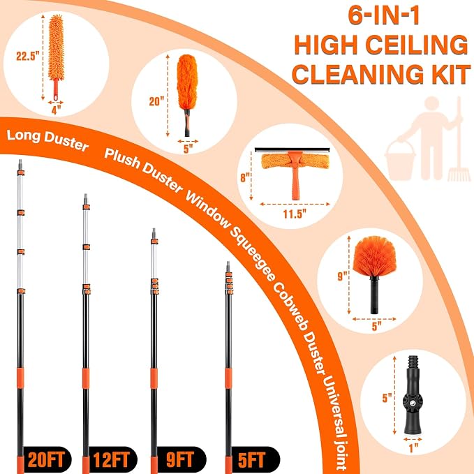 26FT High Ceiling Duster with Extension Pole, High Reach Duster Cleaning Kit, Ceiling Fan Cleaner Duster, Cobweb Dusters & Window Cleaning Squeegee Kit for Fan Blades, Furniture, Corner, Long Dusters