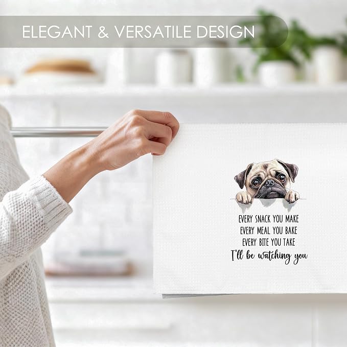 Pug Kitchen Towel Gifts for Dog Lovers Decorative Set of 2, Pug Dish Towels Dishcloths Tea Towels, Puggy Dog Waffle Weave Microfiber Hand Towel for Kitchen Bathroom Decor 16x24