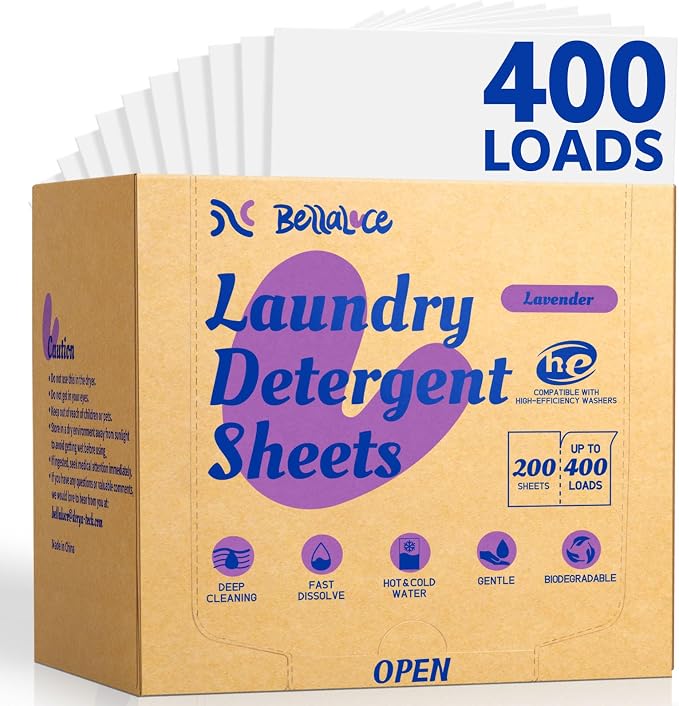 BellaLuce Laundry Detergent Sheets - Laundry Sheets, 400 Loads, Eco-Friendly, Plastic-Free, Lavender Scent, Space Saving, Fast Dissolve & Hypoallergenic