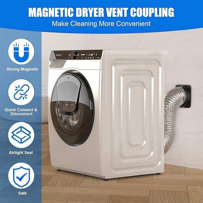 Magnetic Dryer Vent Coupling, Magnetic Dryer Vent Connector Kit, Strong Magnet Dryer Vent Quick Connect Disconnect Easy to Clean Airtight Seal 4" Exhaust Vent Hose Magnet Self-Alignment