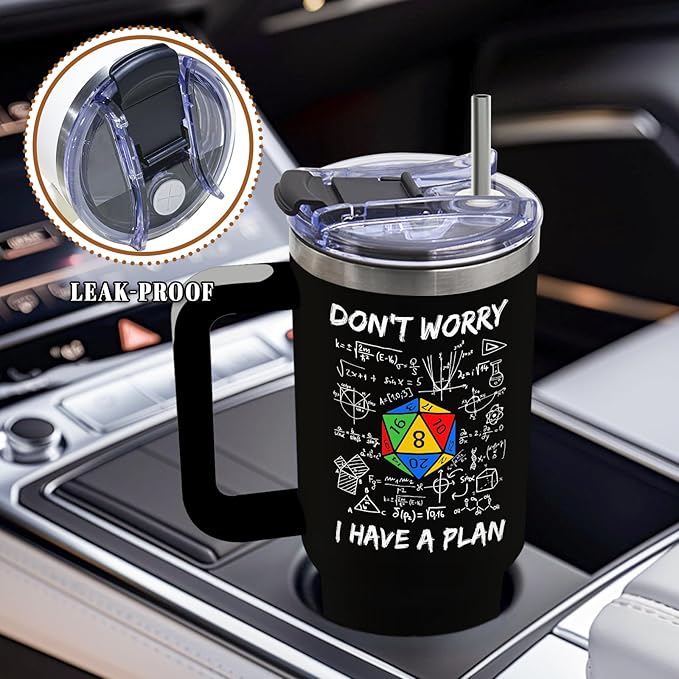 DUUV Funny Tumbler 40 Oz with Handle, Don't Worry I Have a Plan Dice and Math Design, Sarcastic Nerd Gifts for Gamers Math Lovers, Birthday Christmas Gift, 1PCS