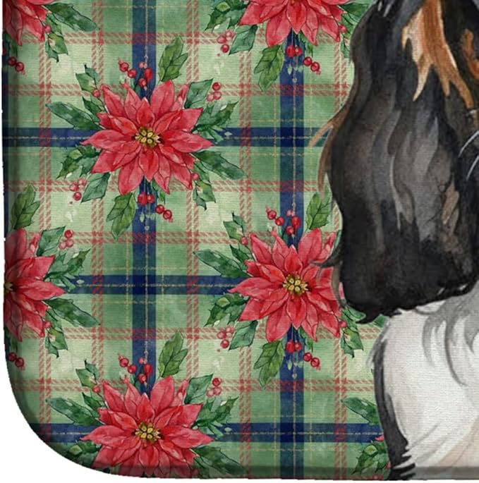 Caroline's Treasures Tricolor Cavalier Spaniel Christmas PoinsettIas Dish Drying Mat Absorbent Dish Drying Mat Pad for Kitchen Counter Dish Drainer Mat for Countertop, 14 x 21", Multicolor