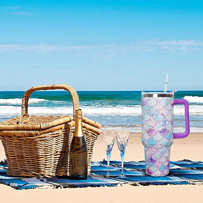 Ceovfoi 40 Oz Mermaid Double Wall Vacuum Stainless Steel Tumbler with Handle Lid and Straw,Watercolor Ocean Cup,Water Bottle,Travel Coffee Mug,Hawaiian Mermaid Decor,Accessories