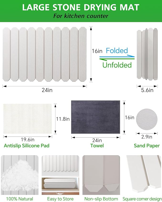 Stone Drying Mat for Kitchen Counter 16x24 Inch, Diatomaceous Dish Drying Mat with Towel Sanding Tool, Fast-Absorbing Quick-Dry Non-Slip Sink Tray