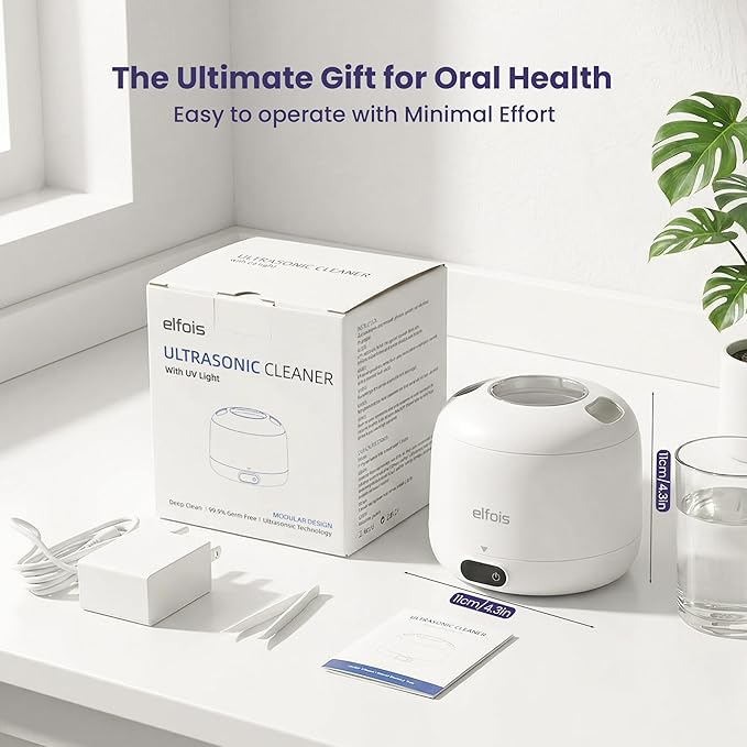 Premium Ultrasonic Retainer Cleaner Machine with UV — 45kHz Durable Dental Pod, 4 Cleaning Modes, Detachable Design for Invisalign, Aligners, Night Guards, Mouth Guards and Dentures