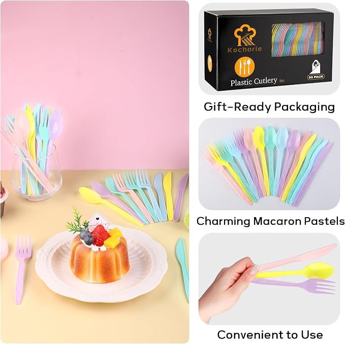 Kochorie 90 Pieces Pastel Plastic Cutlery Set Macaron Colors Disposable Plastic Utensils Colorful Heavy Duty Flatware Set Includes 30 Knives 30 Forks 30 Spoons for Easter, Birthday, Tea Party, Wedding