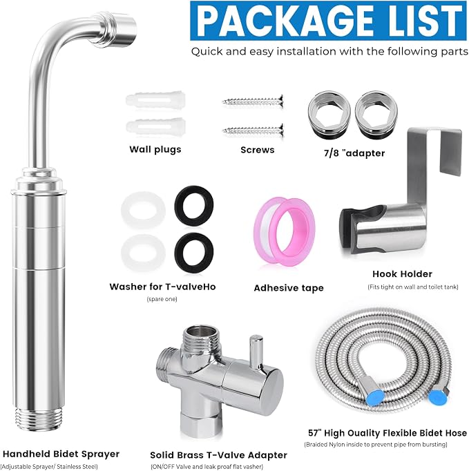 Handheld Toilet Bidet Sprayer for Toilet - Adjustable Flush Angle & Water Pressure for Bathroom Diaper Shower, All Brass Handheld Bidet Sprayer with Superior Complete Spray Hoses Kit (Sliver)