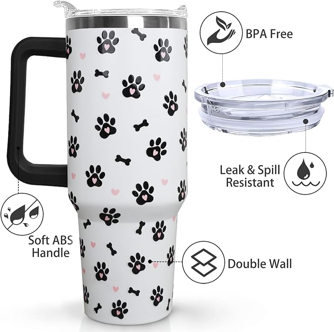 40oz Dog Paw Flip Tumbler with Handle & Straw, Vacuum Insulated Stainless Steel Flip Top Water Bottle, Cute Dog Paw Print Travel Mug, Dog Lover Gifts for Women, Pet Themed Tumbler for Car Cup Holder
