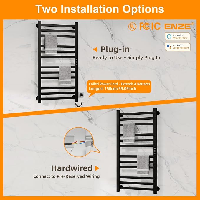 ENZE Smart Heated Towel Rack,12-Bar Wall-Mounted Electric Towel Warmer 320W, Wi-Fi App Control & LED Touch Screen, Adjustable Temperature & 24H Timer, IPX5, Plug-in/Hardwired, Matte Black