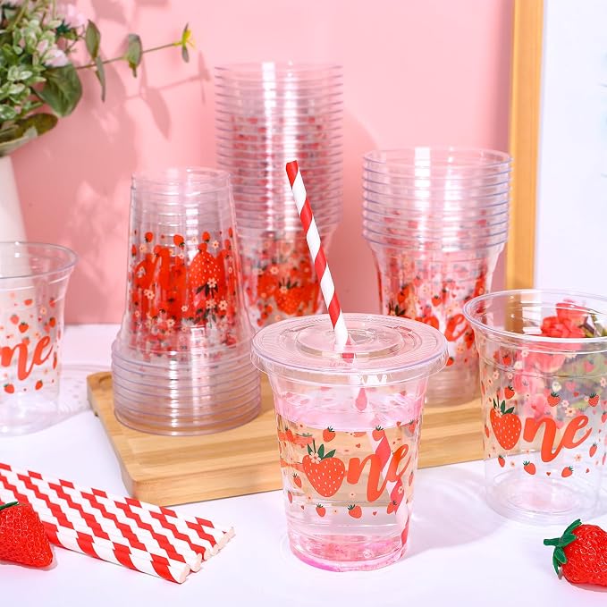Whaline 50Pcs Strawberry Disposable Plastic Cups with Lids and Straws 12 Oz Sweet One Berry Cold Beverage Drinking Cups for First Birthday Summer Fruit Party