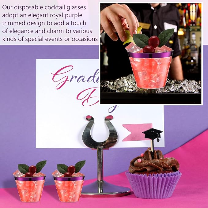 Lounsweer 100 Pcs 9oz Rimmed Plastic Cups Wedding Clear Cocktail Cups Heavy Duty Disposable Wine Glasses for Birthday Bridal Shower Baby Shower Holiday Celebrations(Purple)