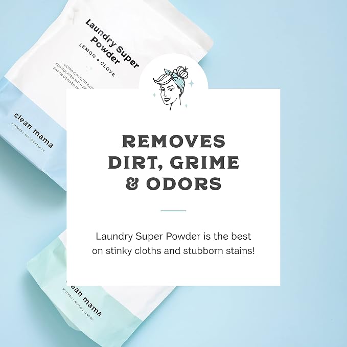 Clean Mama Laundry Super Powder Detergent - Extra Strength Laundry Detergent Powder - Natural Laundry Detergent for Sensitive Skin - Enzyme Powered, Fights Stains & Odors - Sweet Mint, 60 Loads, 2Pack