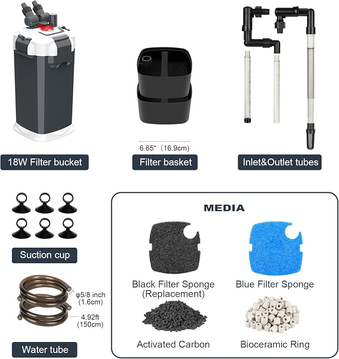 fishkeeper 225GPH Canister Filter, 3-Stage Filtration Aquarium Filter with Quartz Balls and Filter Cotton, Ultra-Quiet External Aquarium Canister Filter for Freshwater and Saltwater up to 65 Gal (18W)