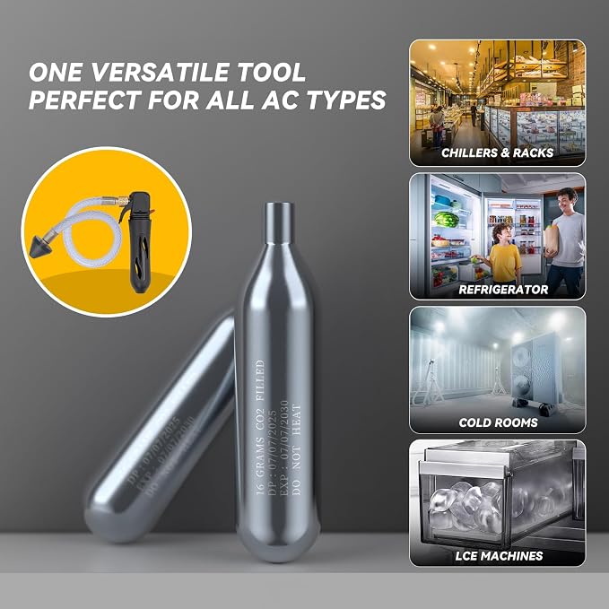 Upgraded Drain Device, AC Drain Line Cleaner Device, AC Drains Line Unclogger Tool, with 6 Unthreaded CO2 Cartridges, with a Flexible Hose to Clear All HVAC Clogs,16 Gram Unthreaded CO2,Black