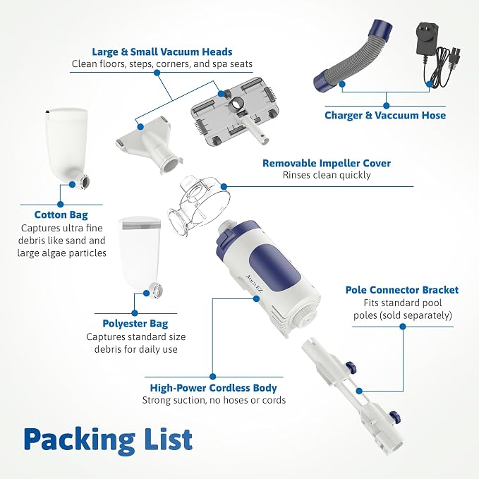 Aqua EZ RPV901 Rechargeable Pool Vacuum – Cordless, Consistent Runtime, Works in All Pools, Includes 2 Vacuum Heads, Compatible with All Standard Vac Heads, Attaches to Any Pool Pole