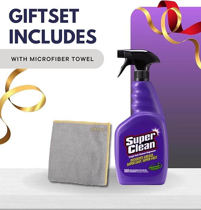 Super Clean Citrus Scent Cleaner and Degreaser Spray 32 oz Bundle with Microfiber Cloth - Heavy Duty Degreaser for Kitchen, Oil, Grime, and Dirt Removal - (2 Items)