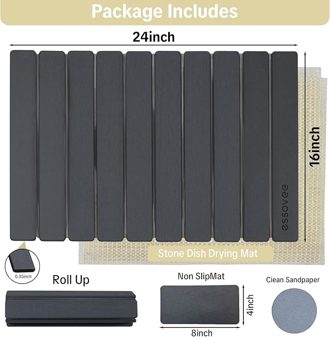 Large Stone Dish Drying Mat for Kitchen Counter, 24"×16" – Quick Drying Diatomaceous Earth, Super Non-Slip, Absorbent, Birthday Gfts for Women Mom Grandma (2PCS Dark Gray, 24" x 16"& 8" x4 ")