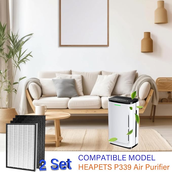 2 Set MPHELW-P339 Replacement Filter for HEAPETS P339 Air Purifier, 3-in-1, 2 Pack H13 True HEPA with High efficiency Activated carbon and 6 Pack Carbon Pre-Filter