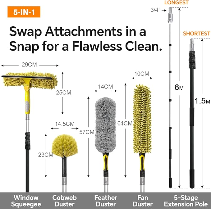 ARTIPOLY 20Ft Telescoping Extension Pole Kit, 5-in-1 High Reach Duster with Chenille Window Squeegee Microfiber Feather & Cobweb Duster for Ceiling Wall Hard-to-Reach Indoor & Outdoor Cleaning Yellow