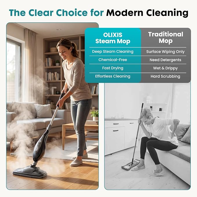 OLIXIS 10-in-1 Steam Mop, 1550W Detachable Handheld Steam Cleaner for Floor Cleaning, 16FT Cord, 2 Washable Pads, Multi-Purpose Floor Steamer for Hardwood, Carpet, Tile, Grout, Windows, Black Grey