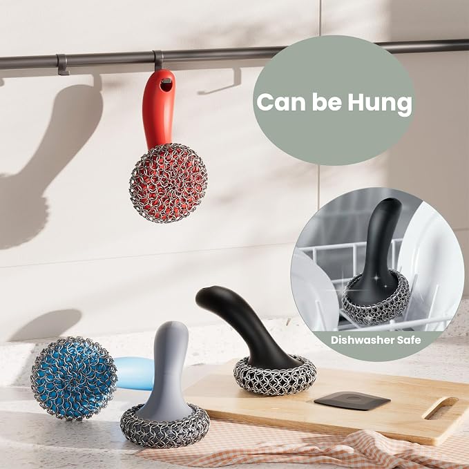 Cast Iron Scrubber & Pan Scraper 10 Pcs with Long Handle | 316 Cast Iron Cleaner Chainmail Scrubber for Cast Iron Pan Skillet Cleaner Non-Slip, Food Safe
