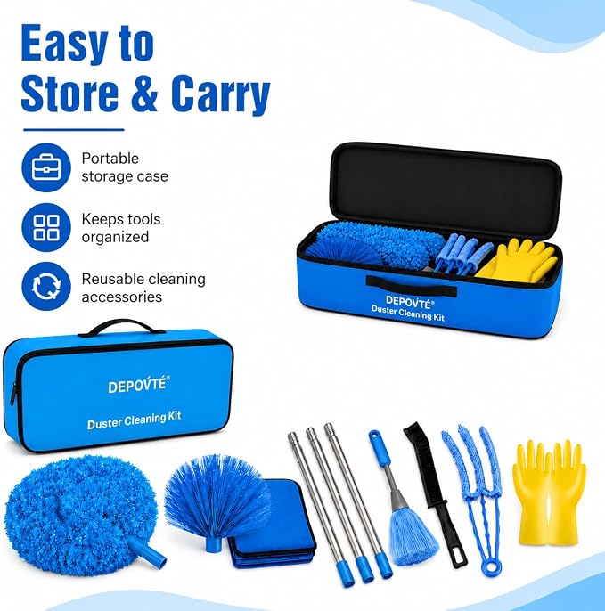 Ceiling Fan Cleaner Duster Kit 72 Inch Ceiling Fan Duster Extension Pole 8-in-1 Microfiber Duster Set for High Ceilings, Fan Blades, and Lights Reusable Cleaning Tools with Storage Bag