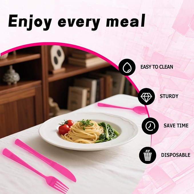 Plastic Silverware 150 PCS Disposable Silverware Heavy Duty Utensil Sets 50 Of Each Forks Knives & Spoons Disposable Cutlery Set For Easter,Birthday,Baby Shower,Garden Party,Wedding(150,Hot Pink)
