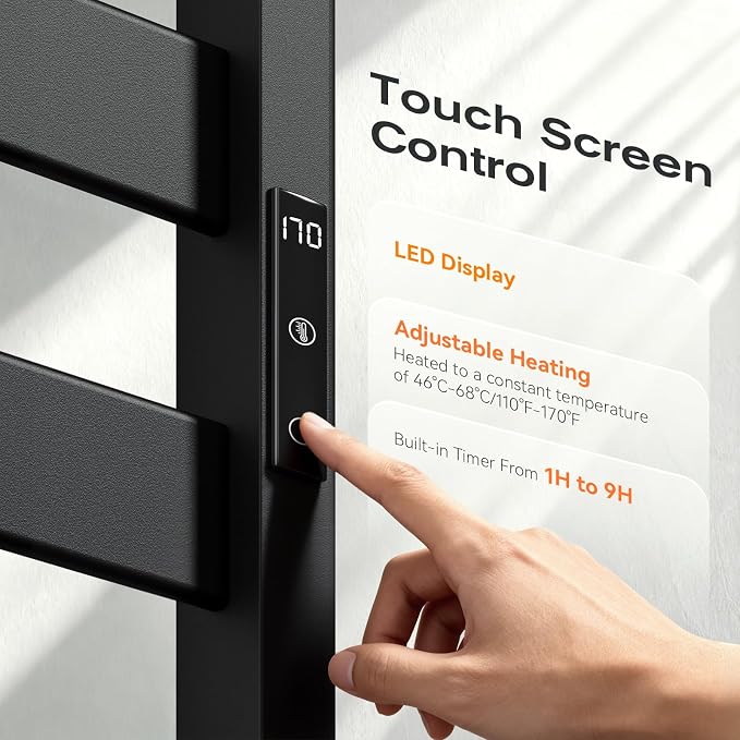 Heated Towel Rack for Bathroom - 6 Bars Towel Warmer Rack Wall Mounted with Intelligent Touch Screen Timer & Temperature Multi-Level Adjustments for Bathroom Shower Hot Tub Spa, Black