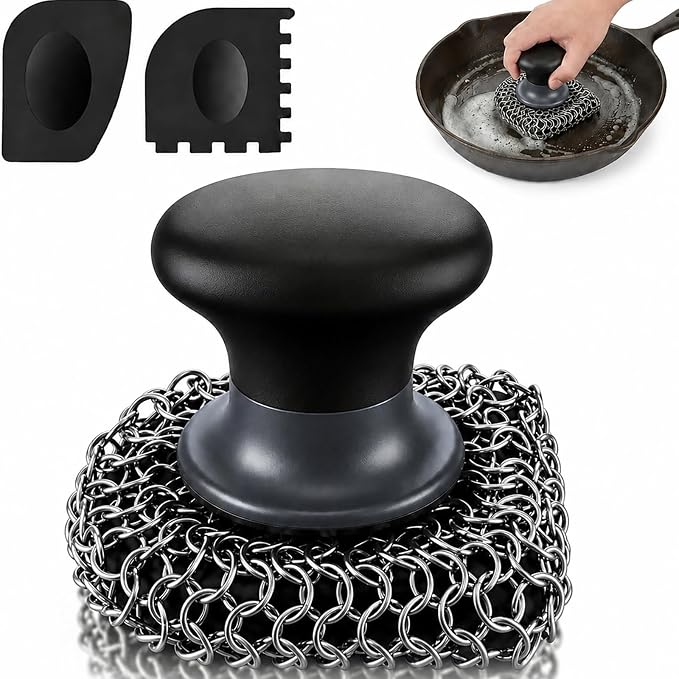 Cast Iron Scrubber and Scraper | 316 Chainmail Scrubber for Cast Iron Pan | Chain Mail Scrubber for Cast Iron Skillet Cleaner | Dishes Pots Wok Griddle Grill | Dish Scouring Pad Dishwasher Safe, Black2