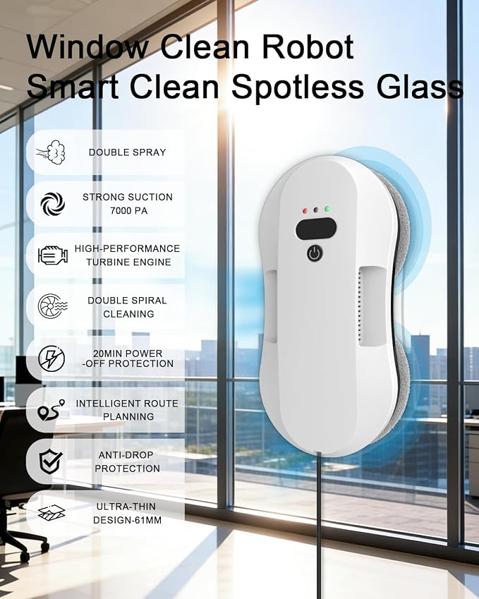 Automatic Window Cleaning Robot for High Windows with 3000Pa Strong Suction, Dual-Nozzle, Power Failure Protection & Safety Rope, 3 Intelligent Paths, 10 Double-Sided Replacement Cloths