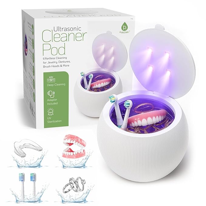Pursonic 42kHz Ultrasonic Cleaner Pod with UV-C Light & Smart One-Touch - Water-Based Cleaning Device with Auto Shut-Off Feature for Coins, Dentures, Aligners, Jewelry & Toothbrush Heads
