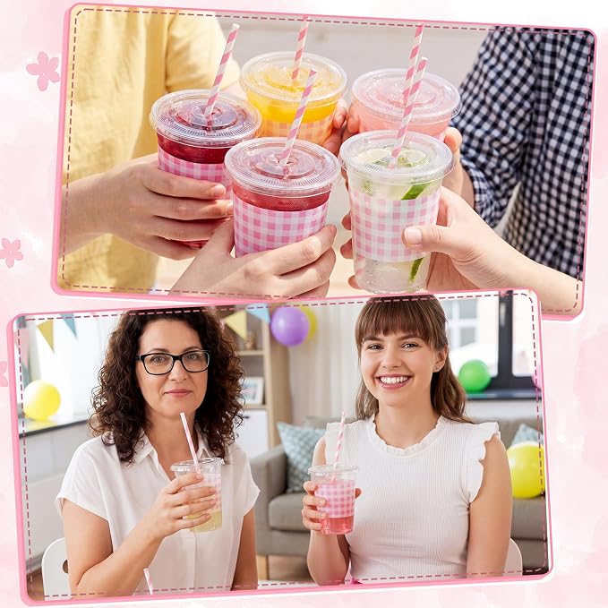 Domensi 25 Sets Pink and White Gingham Plastic Cups with Lids and Paper Straws 12oz Checkered Disposable Drinking Cups Bulk for Cold Drinks Baby Shower Wedding Birthday Summer Party Supplies