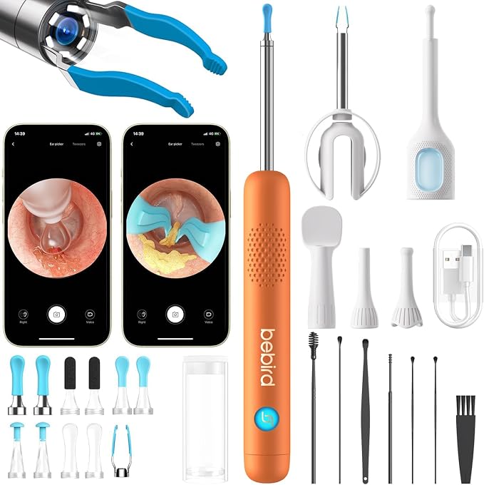 BEBIRD R1 Ultra Ear Wax Removal, Ear Cleaner with Camera Ear Scope, Wax Remove Ear Pick with Ear Otoscope Tweezers, Visual Dropper Cleaning Kit, Ear/Nose/Throat Examination Tool for Family, Orange