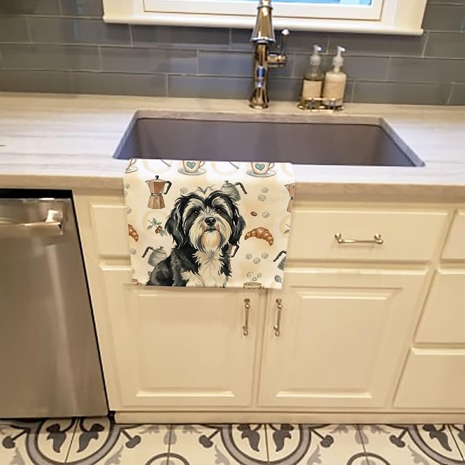 Caroline's Treasures Black and White Tibetan Terrier Coffee Bar Kitchen Towel Velour Plush Front and Cotton Loop Back Machine Washable