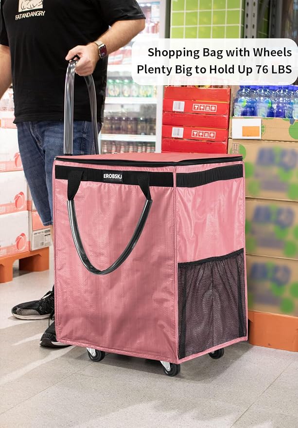 (Medium,Pink) Reusable Grocery Bag on Wheels, 70L Foldable Rolling Tote,Extra Storage for Shopping, Zipper Clouser Shopping Carts for Groceries,Trips, Laundry, Moving,4 Heavy Duty Wheels